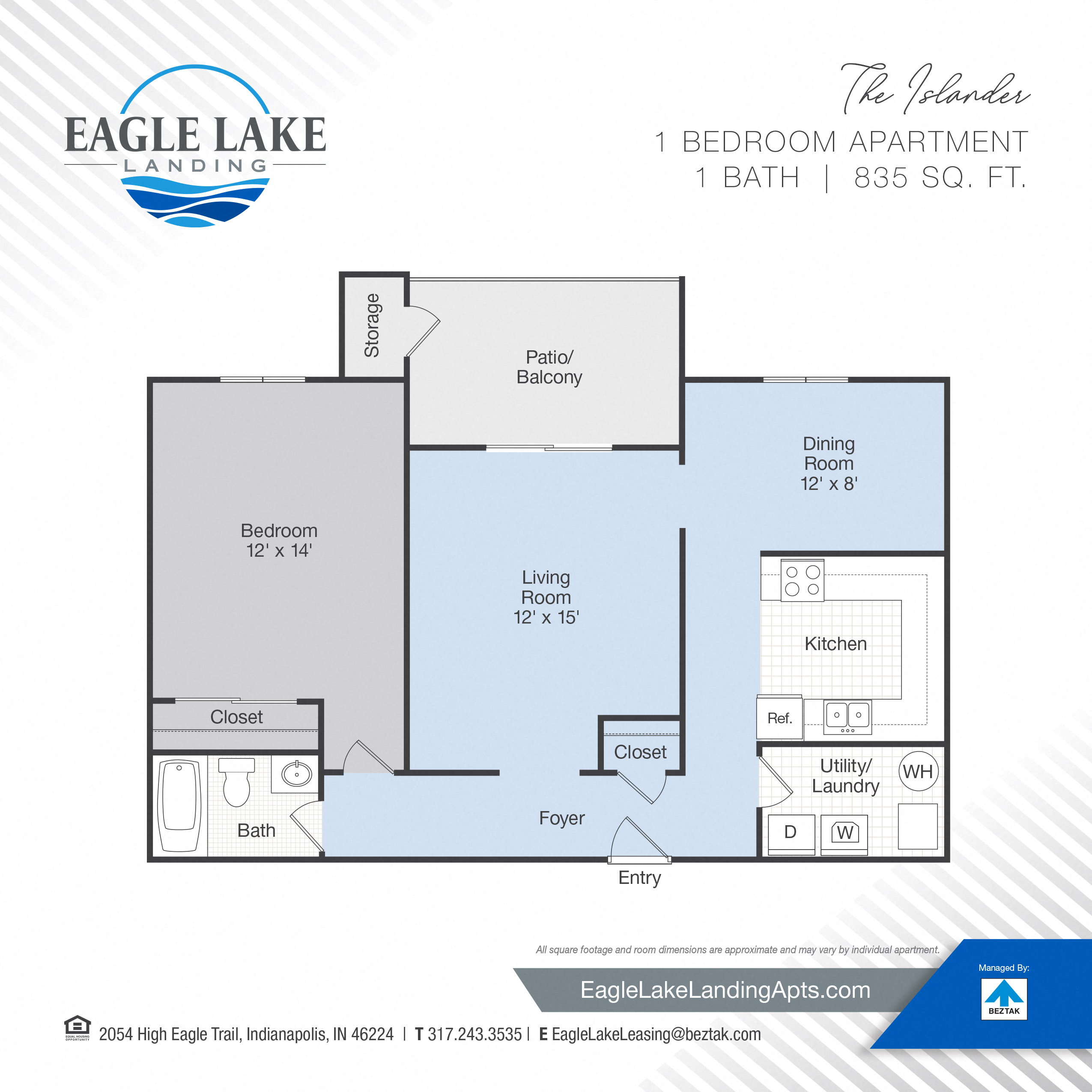 Floor plan for 1 bed, 1 bath, 835 sqft